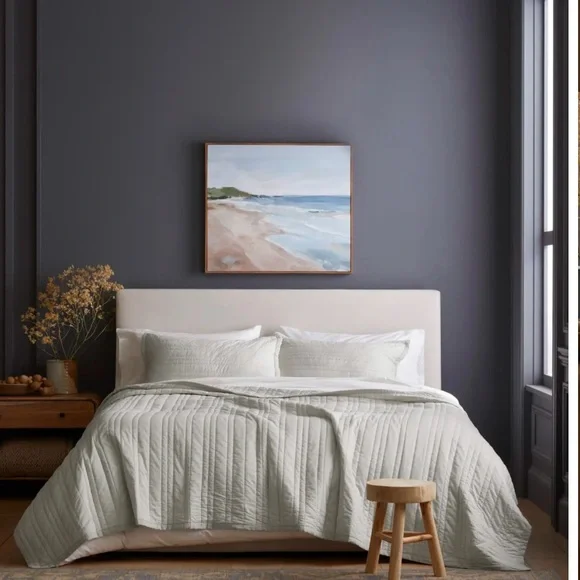 NWOT QUINCE Organic Cotton Stripe Stitch Quilt Set King/Cal King Light Grey 7225 - Picture 4 of 10